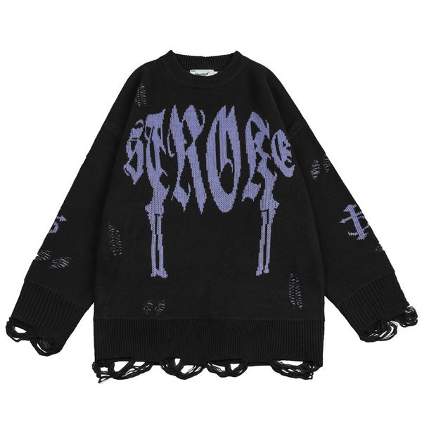 

men s sweaters hip hop streetwear knitted japanese graffiti letters pullover men autumn harajuku cotton casual hole sweater black 220930, White;black