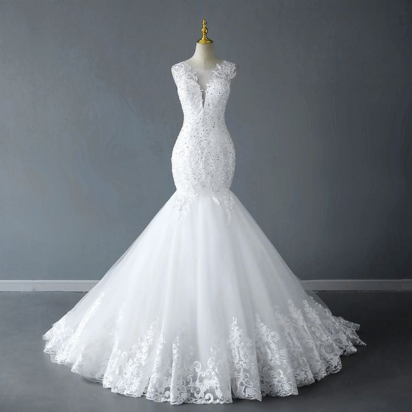 

luxury plus size mermaid wedding dress beading sheer deep v neck backless corset ruffles tulle garden bridal gown, White