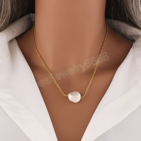 

fashion women necklace trendy simple casual stainless steel irregular pearl beads pendant necklace sweater chain accessary, Silver