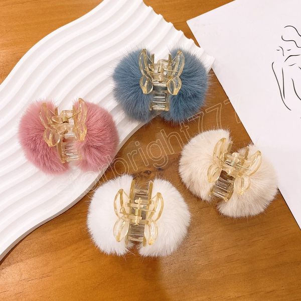

cute sweet girls hairpins barrettes faux fur plush hair claw fluffy pompom hair clips korean headwear diy hair accessories, Slivery;white