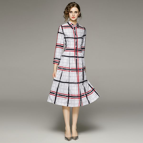 

elegant white midi shirt printed dress button long sleeve 2022 designer womens casual office dresses turndown neck runway ladies cocktail pa, Black;gray