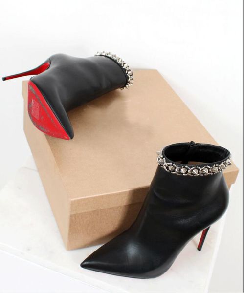 

women ankle boots black calf leathers heel height reds sole stiletto heels booty chain 100 black leather pop ankle-boots pointed studs luxur