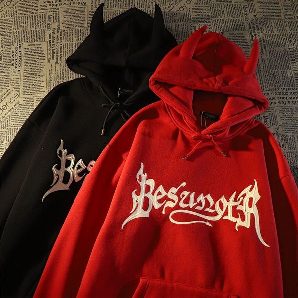 

2022 mens hoodies hip hop retro men streetwear devil wings letter hoodie man womens hooded skateboards hoody high street pullover sweatshirt, Black