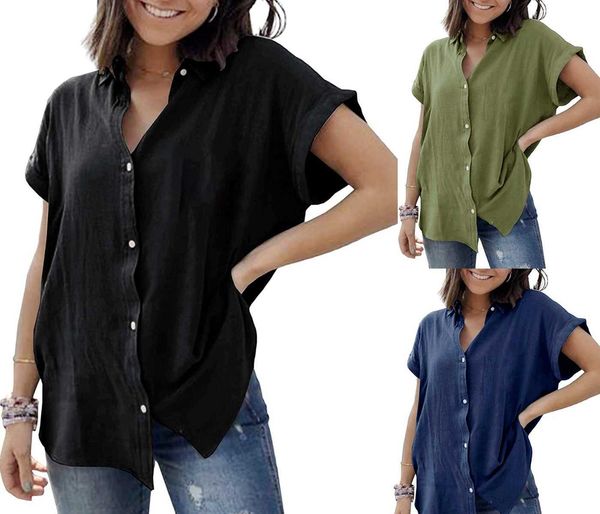 

women's shirt wear 2022 new short sleeve lapel solid cotton linen, White