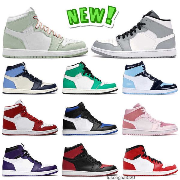 

wholesale jumpman 1 1s mens basketball shoes women sneakers mid light smoke grey seafoam obsidian lucky green unc high royal designer shoes, Black