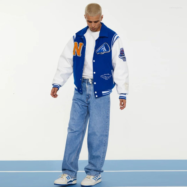 

men's jackets neutrals blue varsity bomber jacket man contrast sleeve pu leather coats embroidery jaded casual london baseball, Black;brown