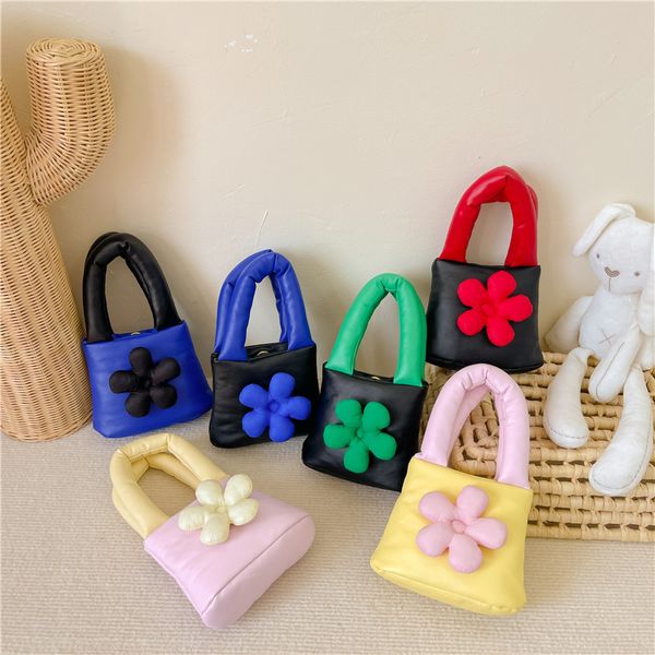

sweet girls stereo flower applique handbags kids patchwork color pu leather alar one shoulder bag children princess bags q9011, Black