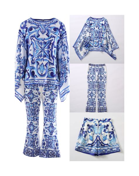 

high-quality lady two piece pants blue white proclaim pattern silk blend bat-sleeves and pants or shorts