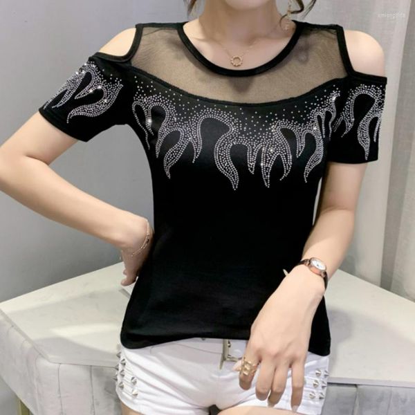 

women's t shirts off shoulder net yarn diamond t-shirts summer woman short sleeve rhinestone tshirt women, White