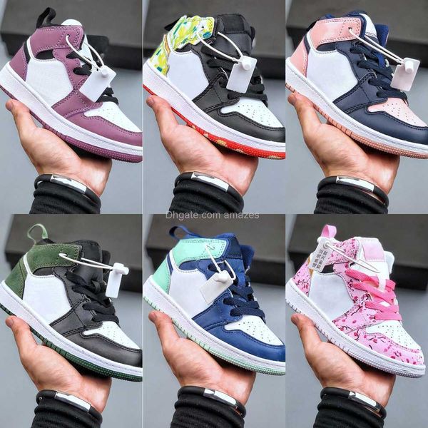 

1s kids 1 mid basketball shoes gym red infant running trainers gamma blue concord boy girl pure white walking sneakers us 6c-3y 22-35, Black