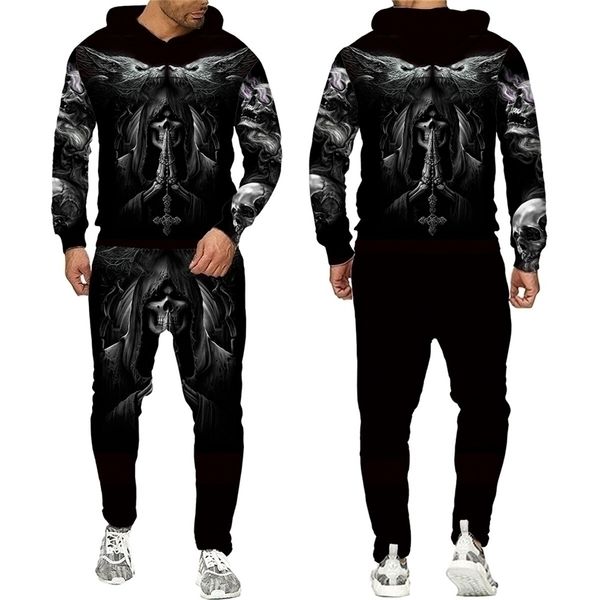 

mens tracksuits autumn winter men tracksuit 2 piece set gothic style skull sweatpants and hoodie punk clothing suit halloween costume 220930, Gray