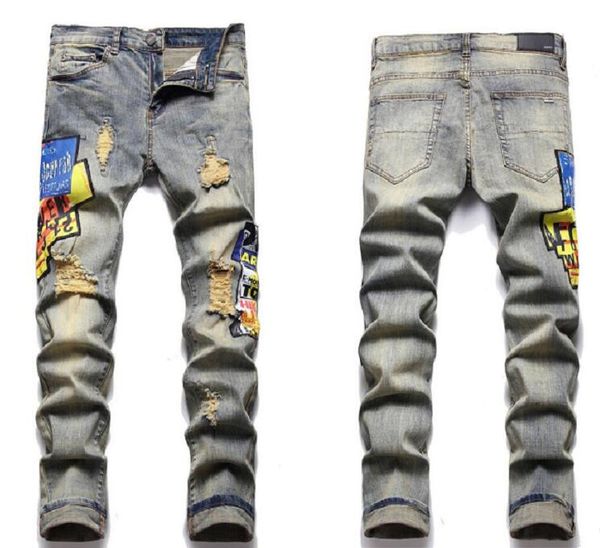 

men's jeans am european men's jean with holes printing trend elastic slim fit pants high end versatile 3172 mm70gg2, Blue