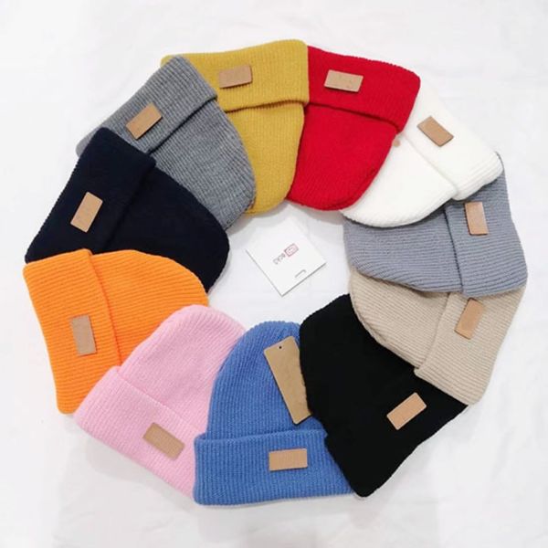 

pure colors beanie simple designer women and skull caps 11 colors brand knitted hats pu leather label wholesale, Blue;gray