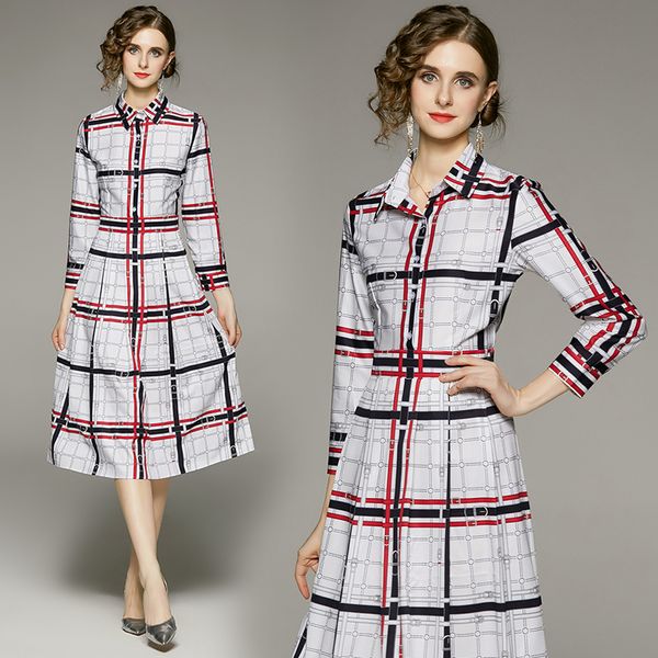 

buttons printing long sleeve midi shirt dress women 2022 designer runway elegant ladies casual office dresses lapel neck slim cocktail party, Black;gray