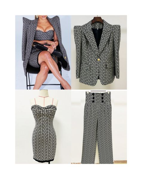 

high-quality office lady classic suits geometric pattern shrug-shoulder blazer and wild-leg pants or knitting tub dress, White;black
