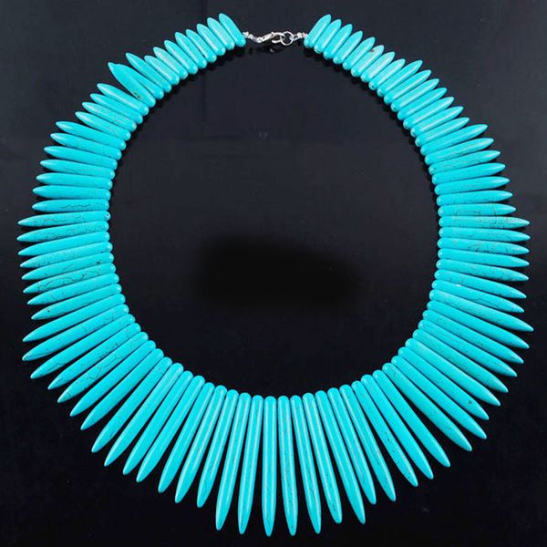 

vintage blue turquoise howlite stone choker necklaces bohemia jewelry statement graduated stick spike women's necklace bf304, Silver
