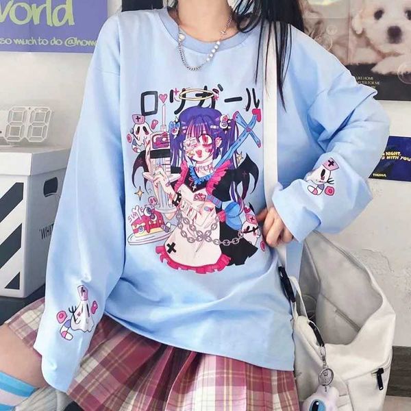

woman shirts long sleeve anime sweatshirt kawaii clothes spring autumn hip hop japanese harajuku anime e girl, White;black