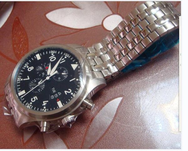 

2022 watch men pilot black dial quartz movement men's chronograph work watchs 43mm all steel case strap male wristwatch, Slivery;brown
