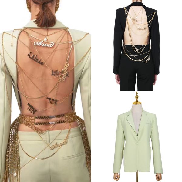 

runway metal chain decoration backless one-button blazer lady, White;black