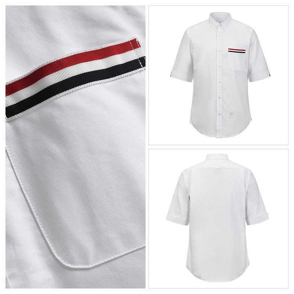 

tb thom shirt brand striped pocket clothing summer casual oxford slim short sleeve korean fashion high quality, White;black