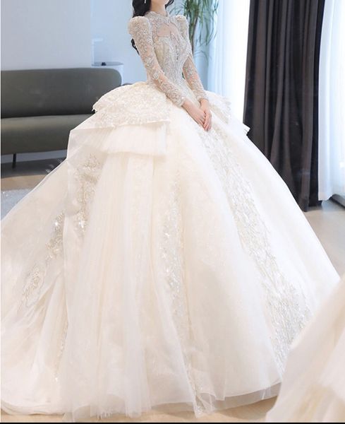 

luxury sparkle sequins ball gown wedding dress 2023 long sleeve dubai arabic bridal gowns long backless shiny vestidos plus size, White