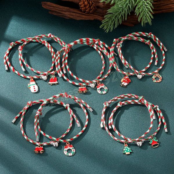 

2pcs couple magnet bracelet with christmas santa claus attraction rope pendant bracelets bangles lovers jewelry, Golden;silver