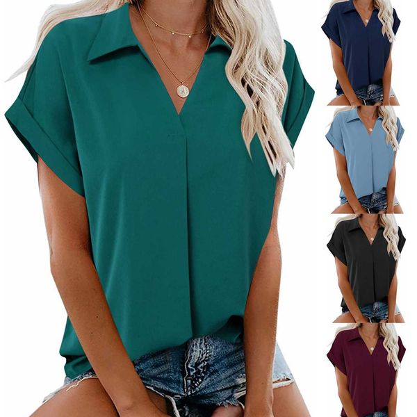 

women's shirt wear 2022 new short sleeve v-neck solid, White