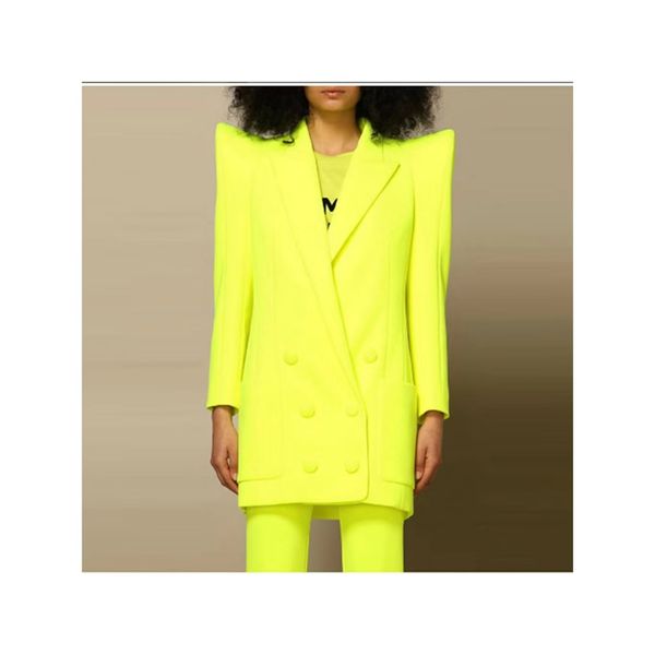 

high-quality office lady suits bright yellow broaden-shoulder blazer and elastic waist pants, White;black