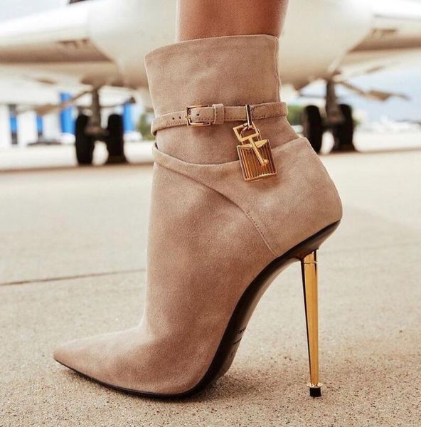 

luxury woman ankle boot winter boots pointy toe and gold heeled tom-f-boot padlock leather ankles boots black calf leathers lady dress pumps