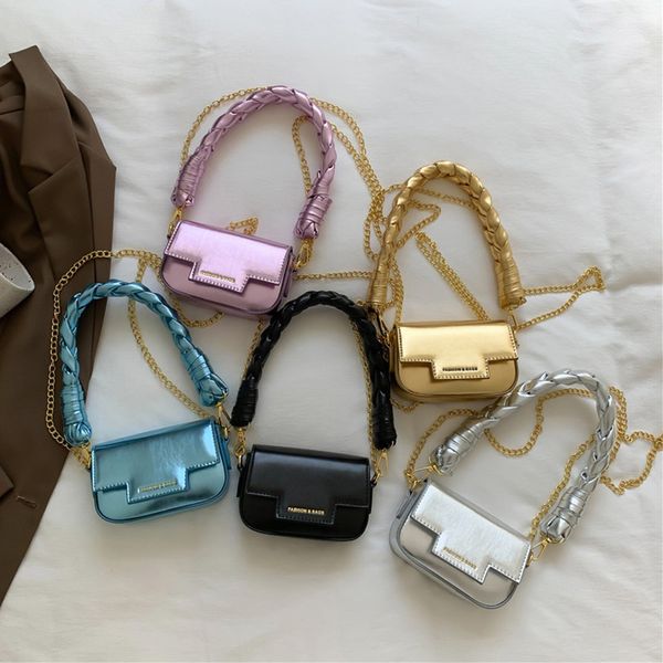 

lady style children braid weaving handbags girls metals chain one shoulder bag kids pu leather crossbody bags q9006, Black