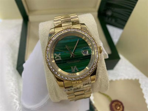 

with original box mens watches certificate 18k gold president day date diamonds green dial watch men stainless diamond bezel automatic wrist, Slivery;brown