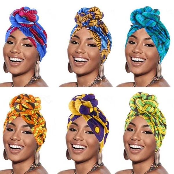

african print turban cap for women fashion pre-made knot head wraps flower ggeometry braids ladies party headdress, Blue;gray