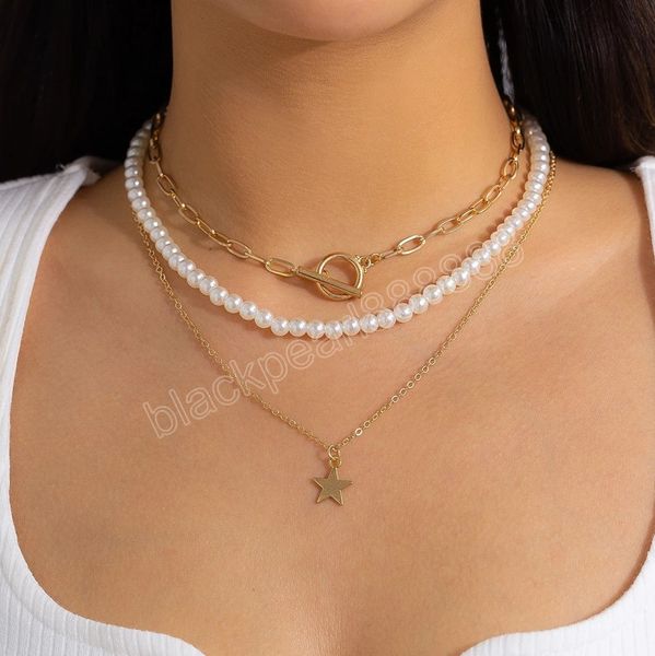 

multilayer star pendant choker necklace for women boho imitation pearl bead chain aesthetic jewelry, Silver