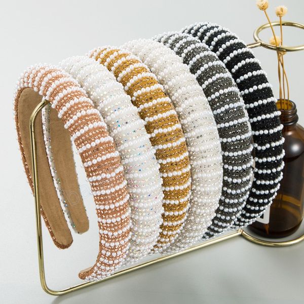 

casual full diamond pearl headband fashion hair accessories women trend temperament hairband rhinestones hair band girl headwear, Slivery;white