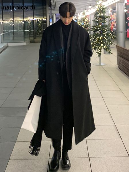 

men's wool blends mauroicardi autumn winter long loose casual black brown warm wool blends trench coat men double breasted korean fashi