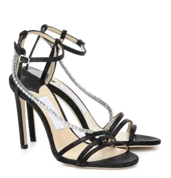 

elegant brand sandals calfskin narrow band crystal chain women's fashion dress dinner wedding party walking shoes, Black