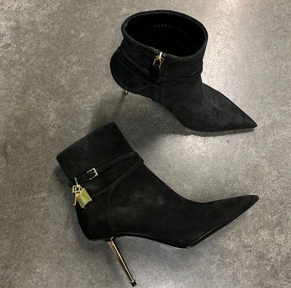 

winter famous padlock leather ankle boots lock & key buckled straps women metal stiletto heels fashion lady pointed toe lady booties eu35-43, Black