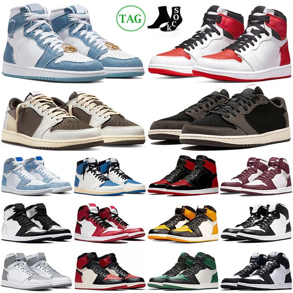 

jumpman 1 1s lows basketball shoes og taxi reverse mocha denim black white bred patent hyper royal sail silver toe black fragment mens train