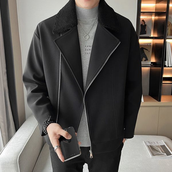 

men's wool blends winter men's lamb zipper woollen blends cashmere wool snow jacket lapel collar trench motorcycle business coats, Black
