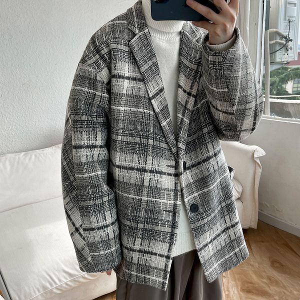

men's wool blends winter men's lattice print windbreaker thickened woolen blends cottonpadded clothes oversized parkas snow jacket, Black