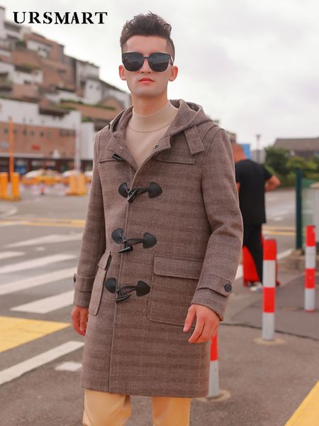 

men's wool blends horn button hooded wool tweed coat men's winter thickened english check casual men's coat 220930, Black