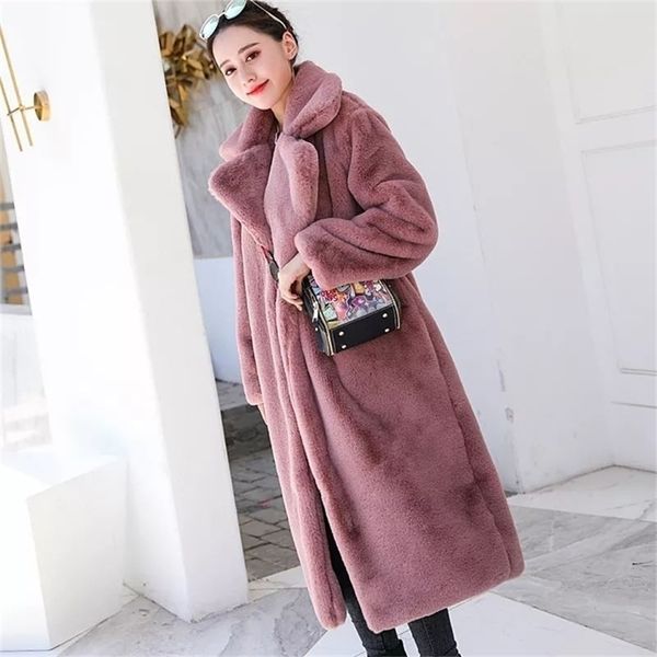 

womens fur faux women rabbit coat luxury long loose lapel over thick warm plus size female plush 220930, Black