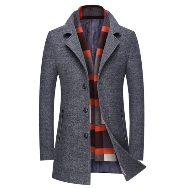

men's wool blends men winter wool coat slim fit thick wool blends men long trench coat fashion grey woolen jacket scarf collar warm ove, Black