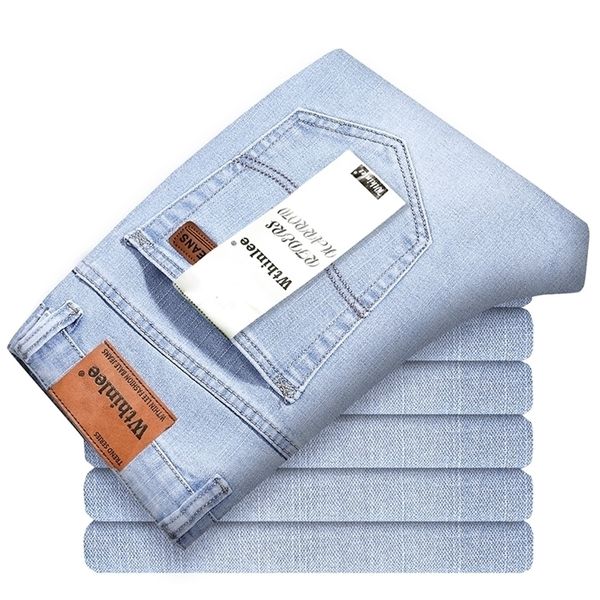 

mens jeans brand mens thin jeans summer style business casual slim fit elastic classic style trousers sky blue pants male size28 220930