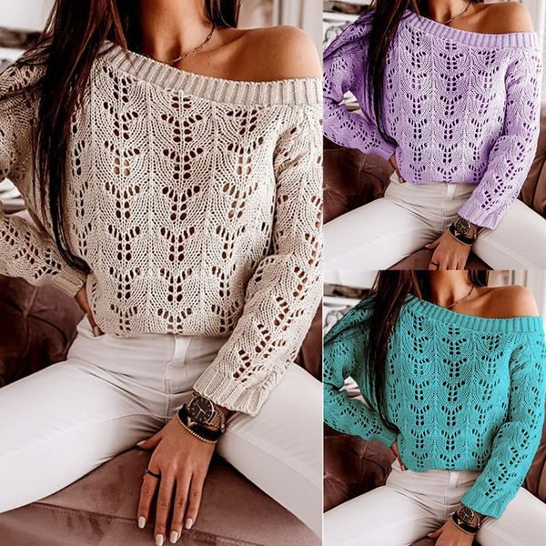 

autumn and winter 2022 sweater solid color one shoulder casual hollow knitwear, White;black