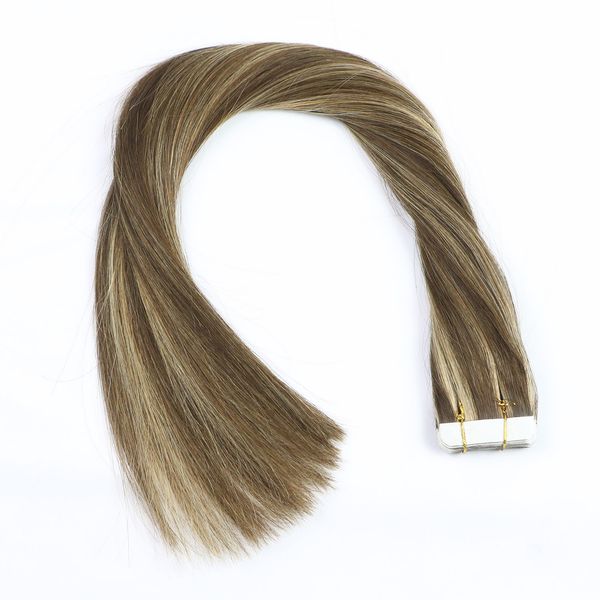 

honey blonde highlights tape in human hair extensions pu glue tape hair 20pcs/50g set, Black