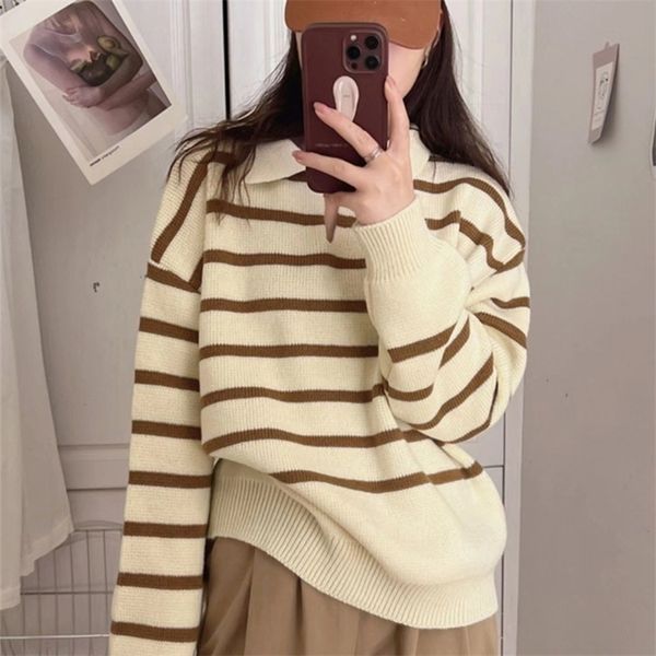 

womens knits tees autumn and winter loose japanese small lapel knitted sweater striped casual pullover trend 220930, White