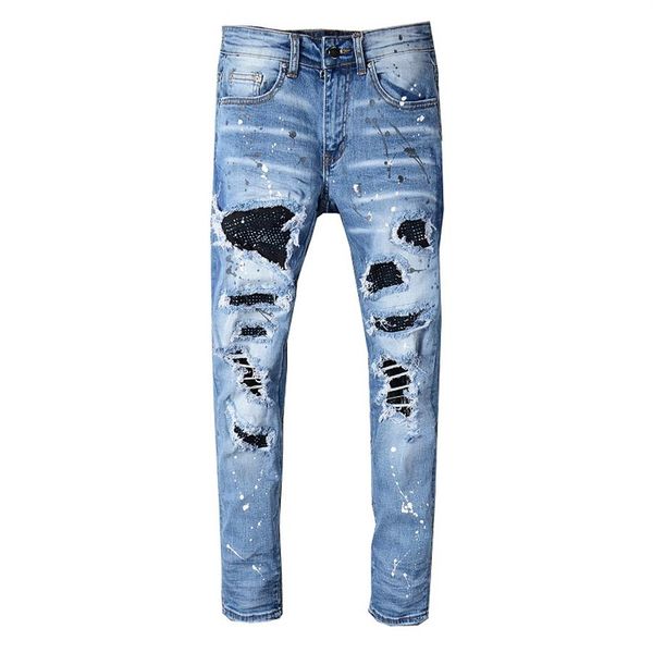 

mens designer jeans letter printed ripped diamond patches slim-leg jeans denim pants fashion club clothin male hip hop skinny 28-4283c, Blue