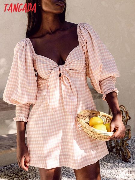 

dresses tangada 2022 vintage style women pink plaid short dress bow puff short sleeve ladies mini dress 8m41, Black;gray