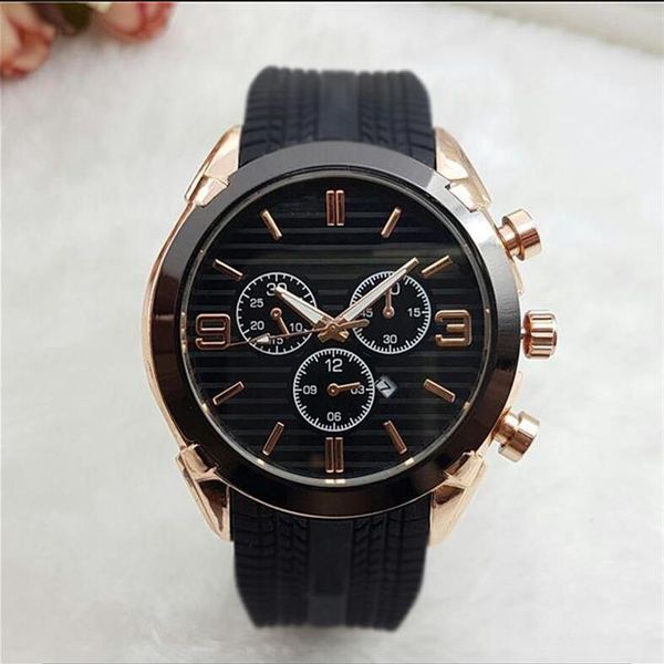 

wristwatches relogio masculino 45mm military sport style large men watches designer blue brow black dial unique silicone clock watche 2244f, Slivery;golden